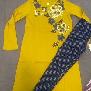 NWT sz 7 Tea Collection Dress Leggings Outfit Floral Flowers Bird Blue Polka Dot